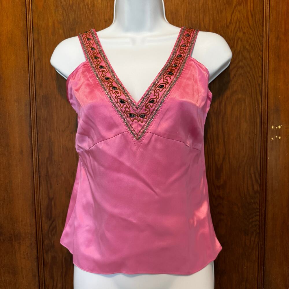 Vintage Y2K Vibrant Pink Silk Beaded Tank Medium Butterfly Paris Babydoll